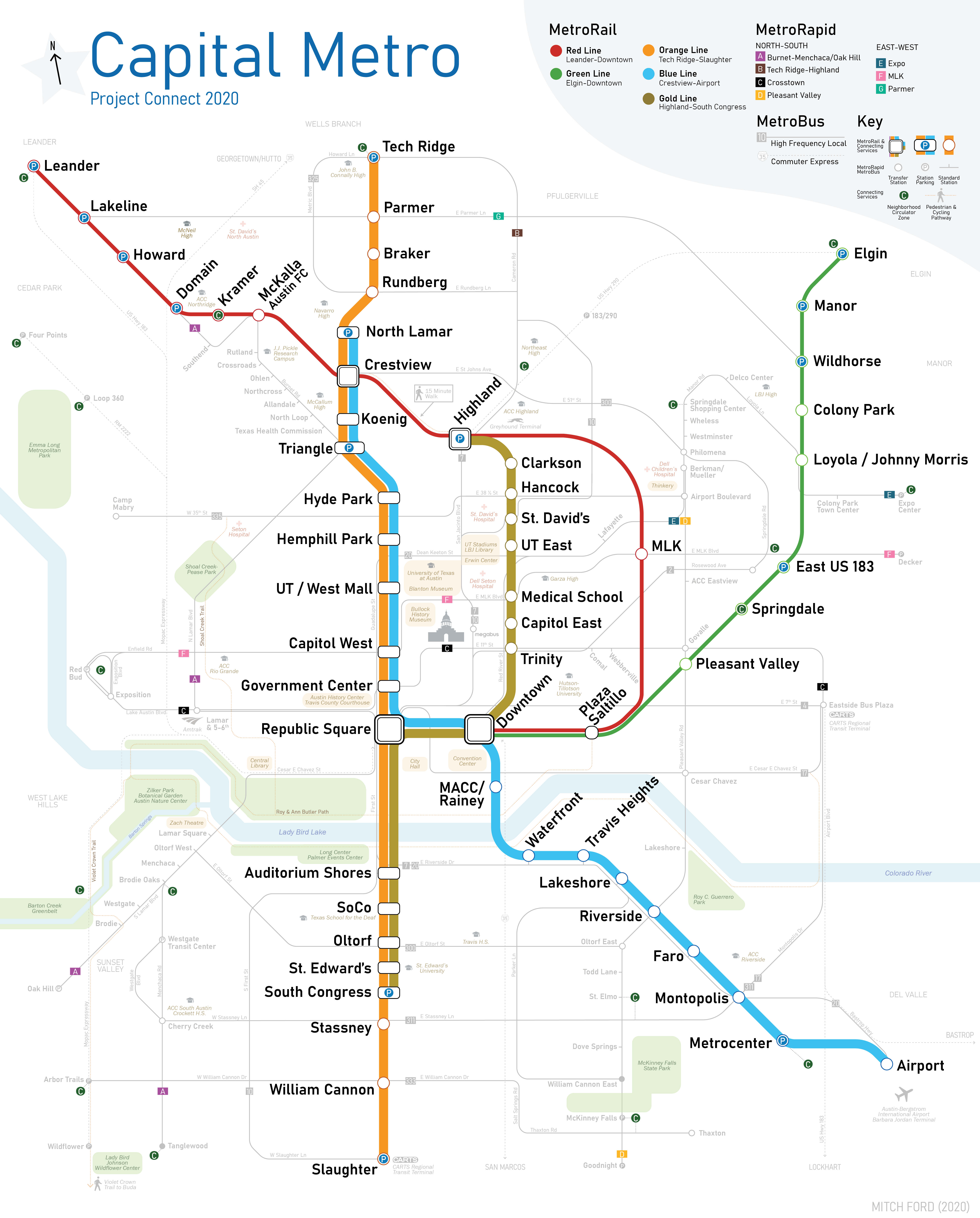 Diagram showing the future expansion plans for Austin's public transportation system under Project Connect